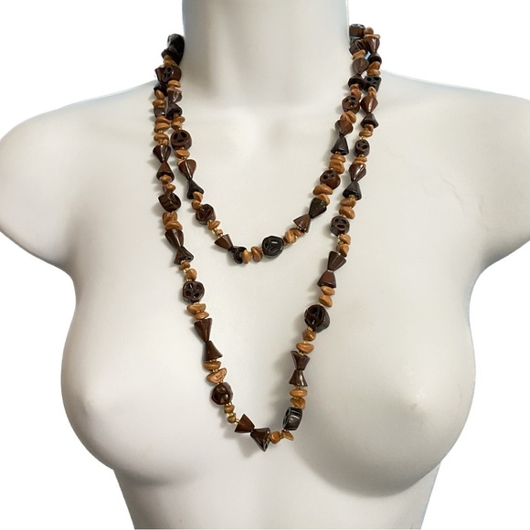 Boho Natural Wood Beads Over-the-Head Long Necklace - Picture 2 of 7